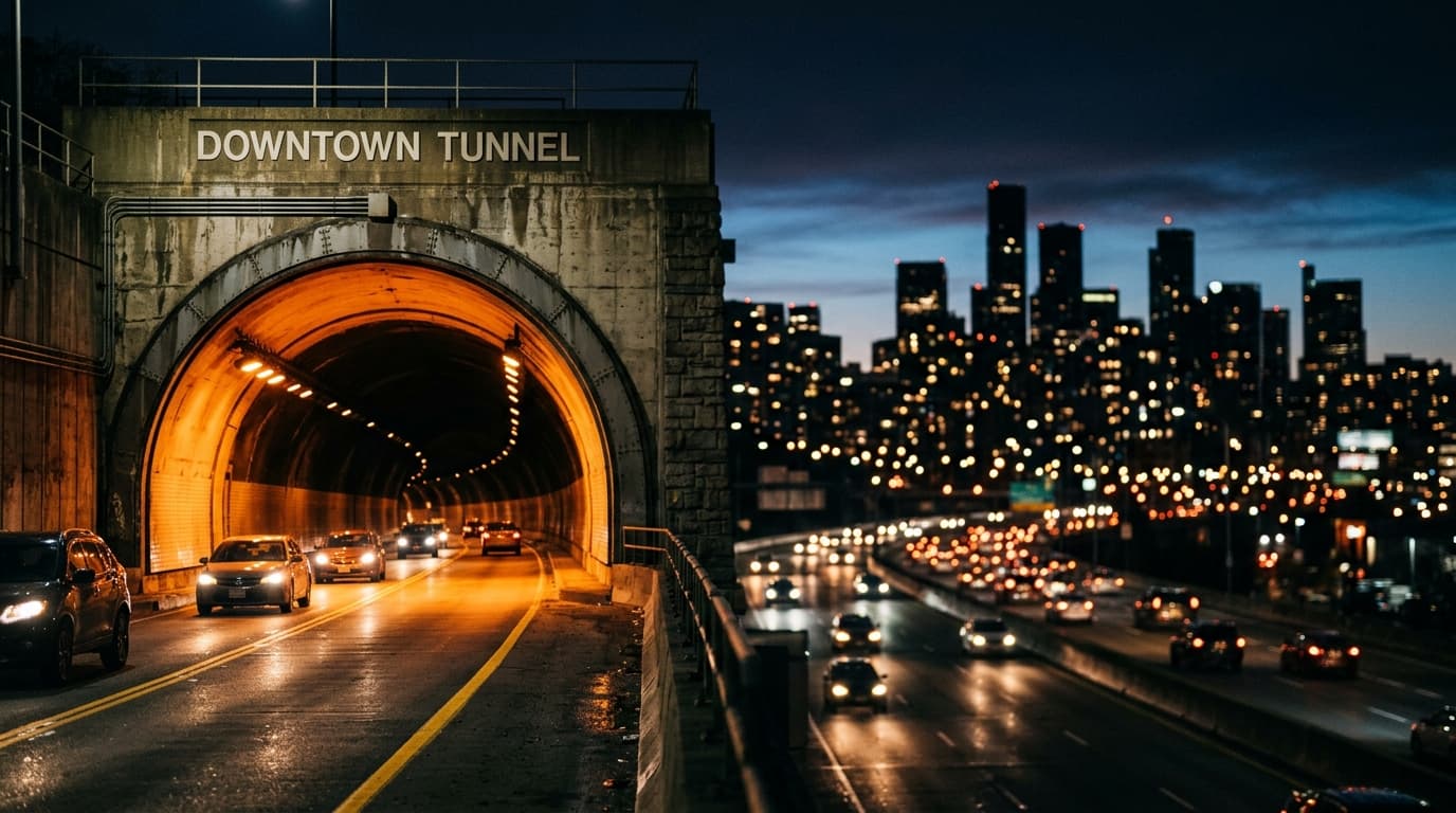 A low-angle, 85mm shot captures the glowing, orange-lit entrance of the Downtown Tunnel at midnight. The concrete portal r...