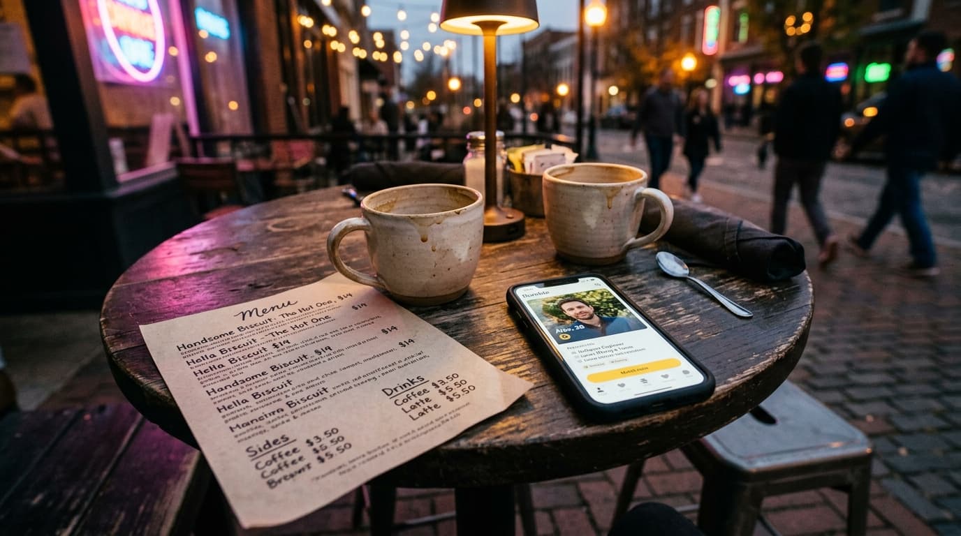 An overhead flat-lay on a bistro table at Handsome Biscuit showing two empty coffee mugs, a smartphone open to a Bumble pr...
