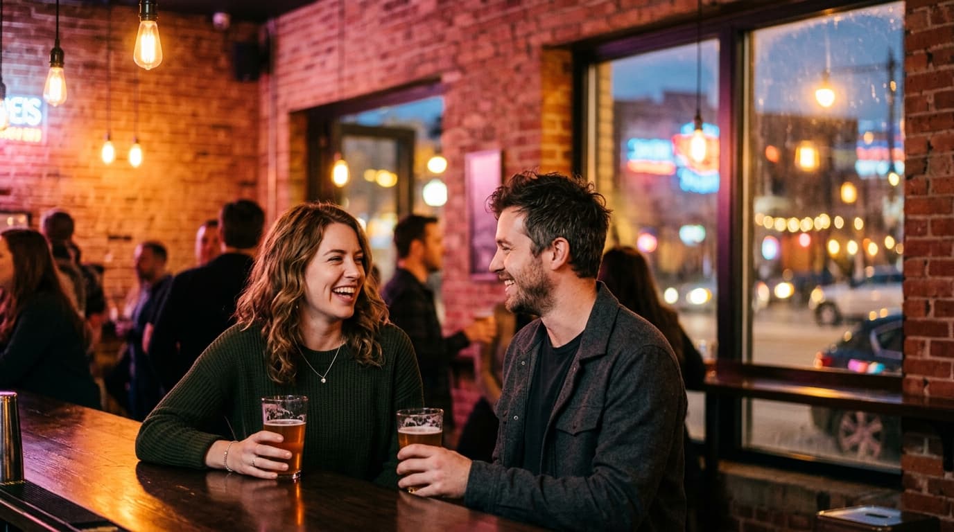 An 85mm portrait captures a couple laughing over craft beers at a dimly lit wooden bar inside The Birch, with warm amber l...