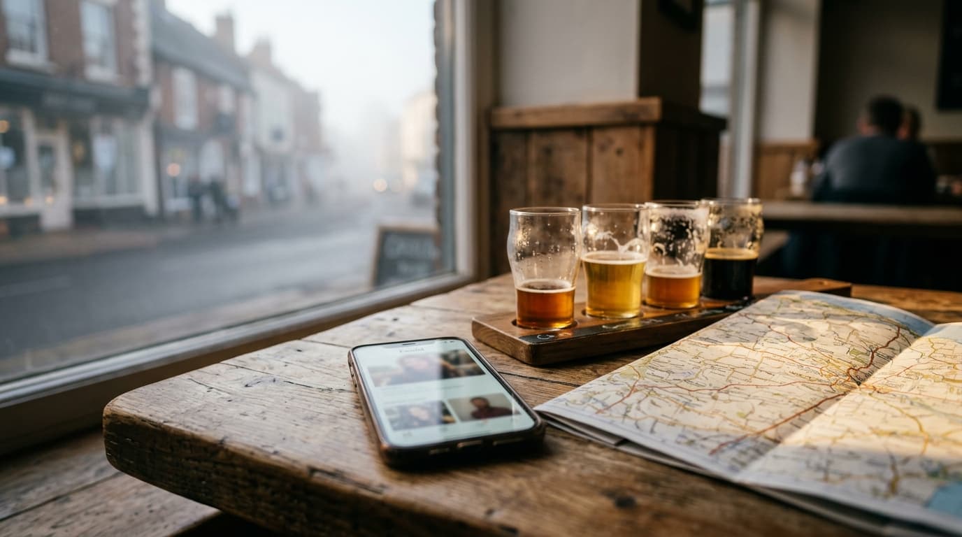 Close-up, tilt-shift focus on a smartphone screen showing a Feeld profile at a wooden cafe table, next to a half-finished...