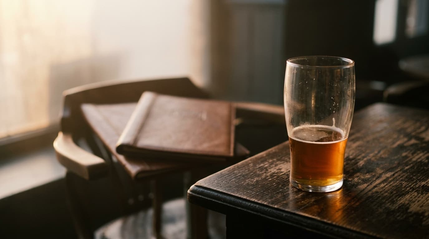 A macro 35mm shot at golden hour captures a half-empty craft beer glass on a dark wooden pub table, blurred in the backgro...