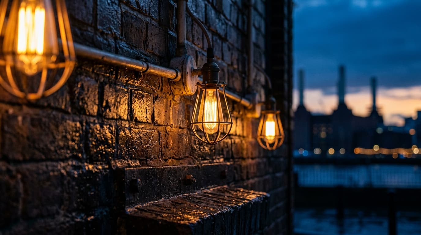 Tight 100mm macro shot of glowing, warm tungsten light fixtures reflecting off a dark, wet brick wall in Chelsea, capturin...