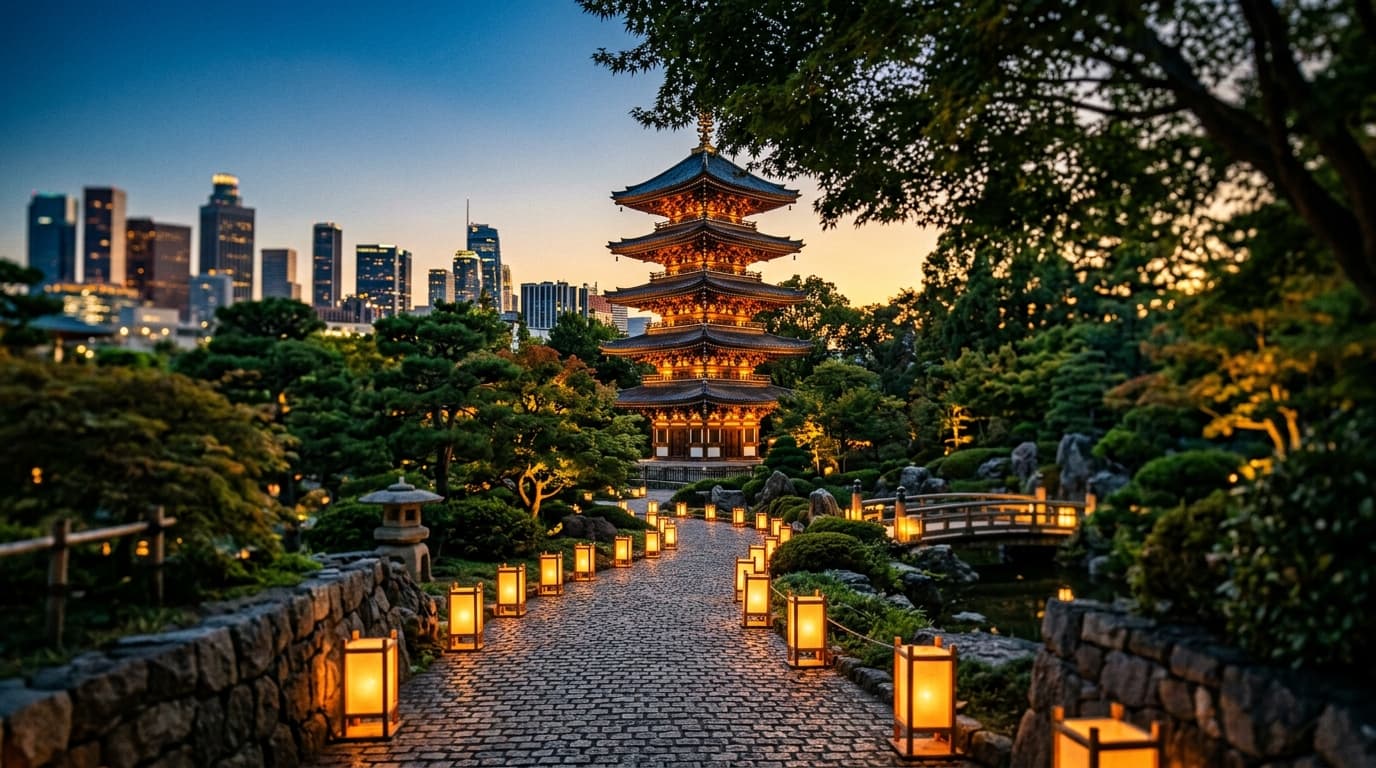 A medium shot, tilt-shift focus on the historic Pagoda and Oriental Garden at dusk. Warm candle-lit lanterns line the cobb...