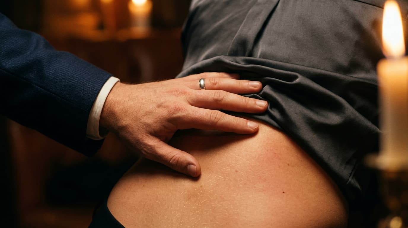 A hand in a tailored navy suit sleeve rests firmly on the small of a partner’s lower back, fingertips pressing against war...