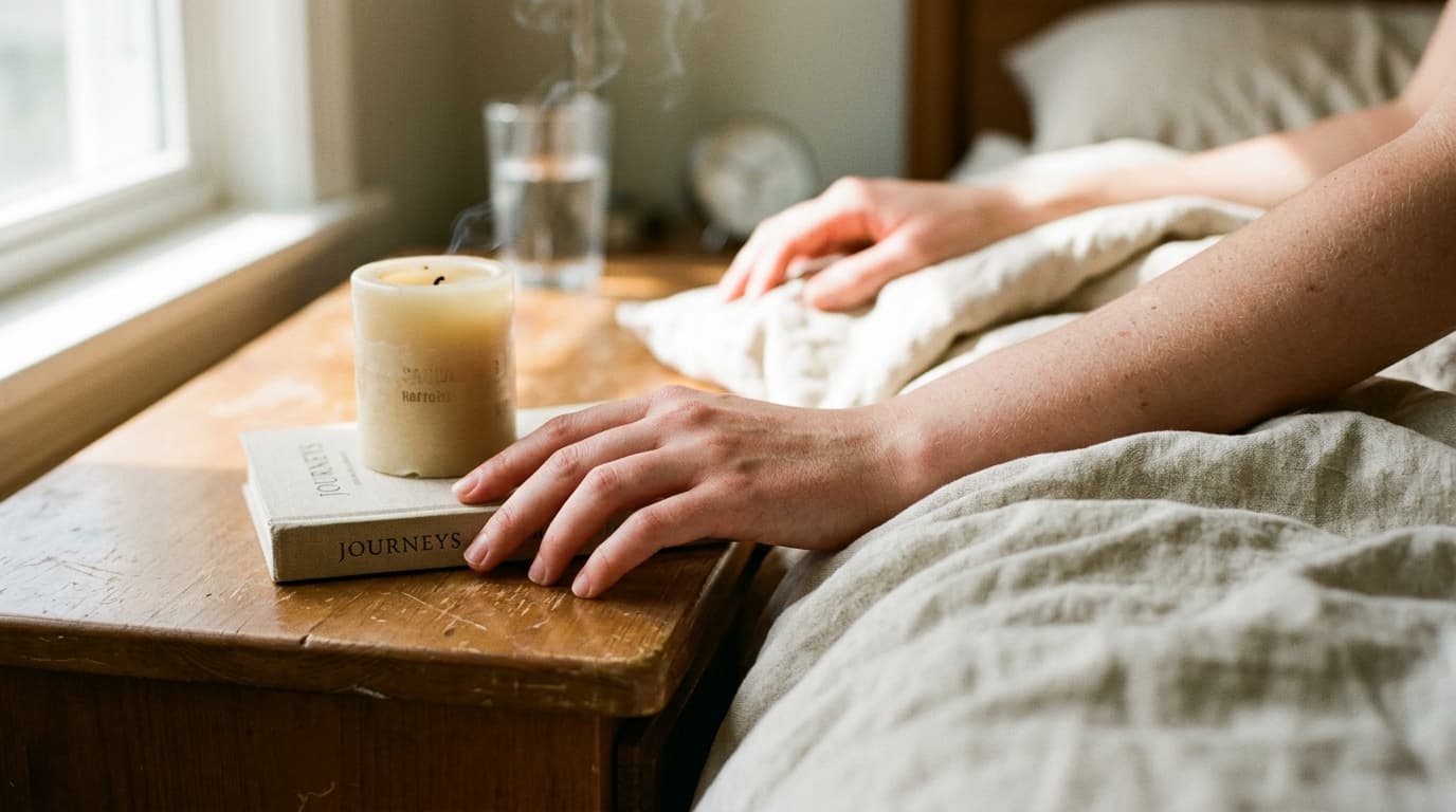 A sharp, sunlit close-up of a hand resting on a nightstand, fingers tracing the edge of a book near a sandalwood candle. B...