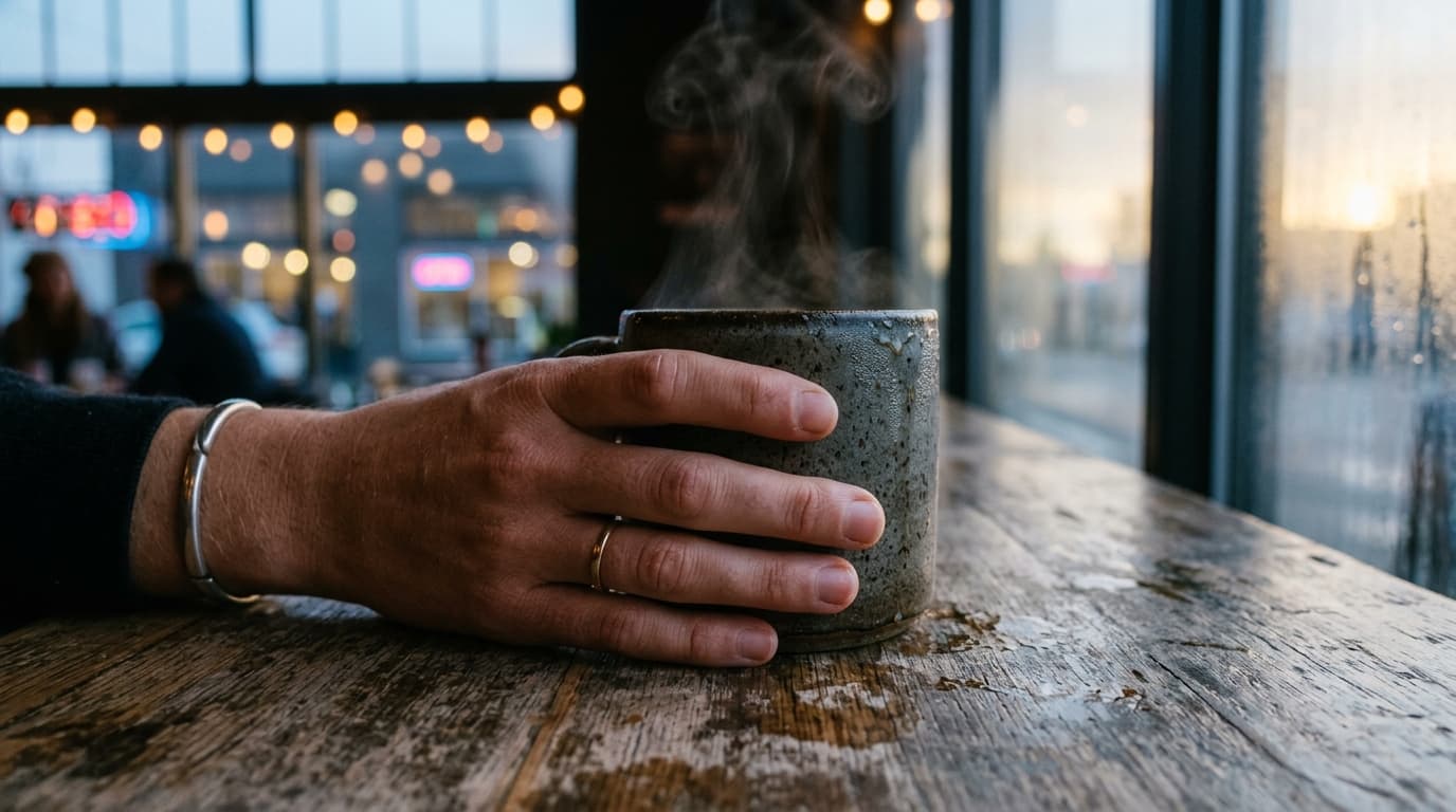 A person’s hand grips a steaming ceramic mug on a weathered table in a Benson cafe. A crisp 100mm macro shot captures the...