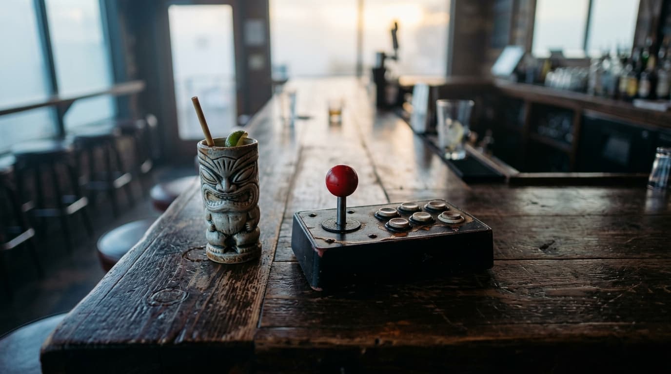 A tilt-shift, overhead flat-lay shot of a vintage arcade joystick resting on a worn, dark wooden bar top at Beercade. Sele...