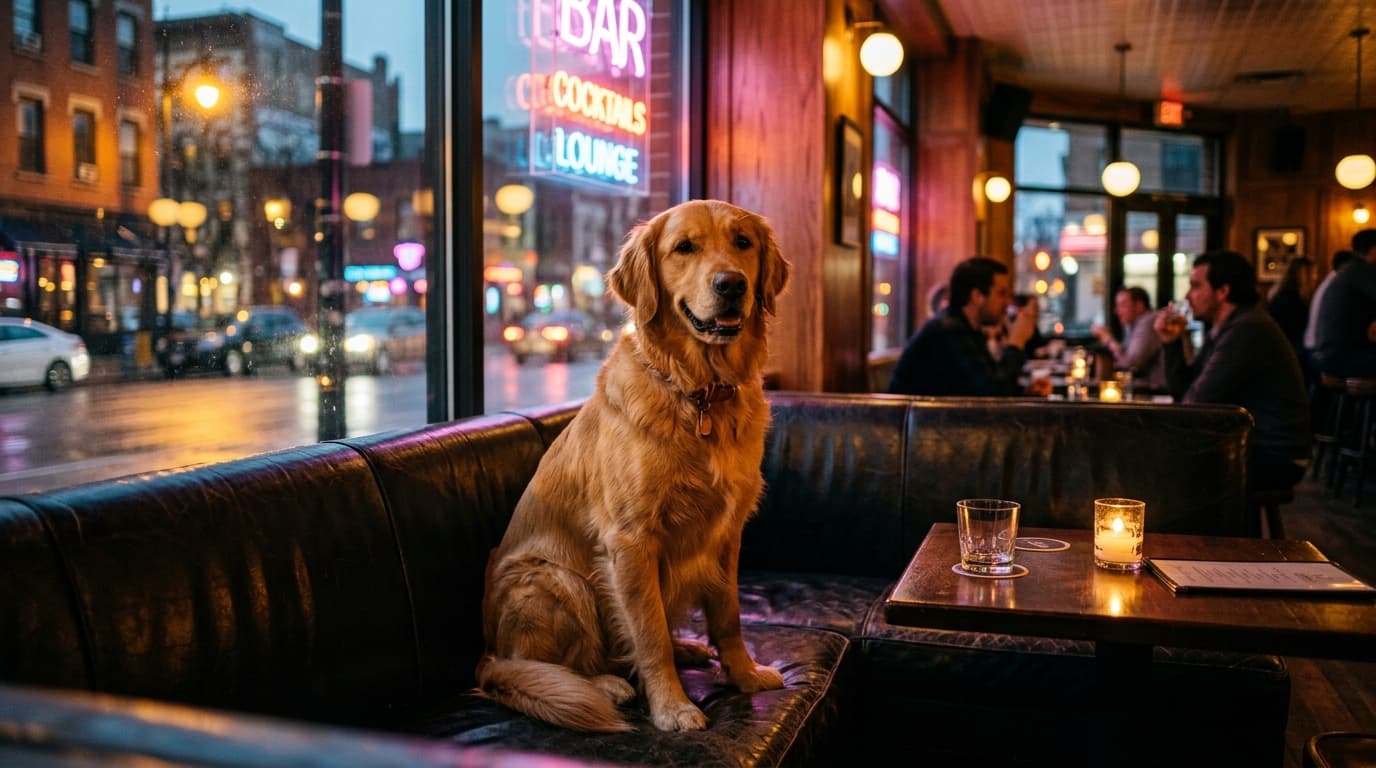 A medium shot of a Golden Retriever sitting on a leather booth inside a dimly lit cocktail lounge. Selective focus highlig...