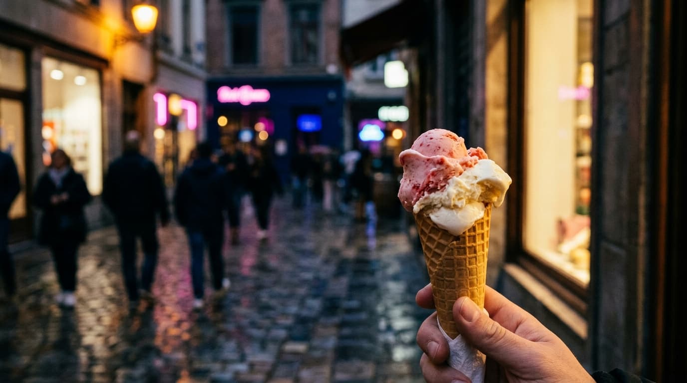 A close-up shot of a half-eaten ice cream cone held over cobblestones at noon. Natural sunlight catches the texture of the...