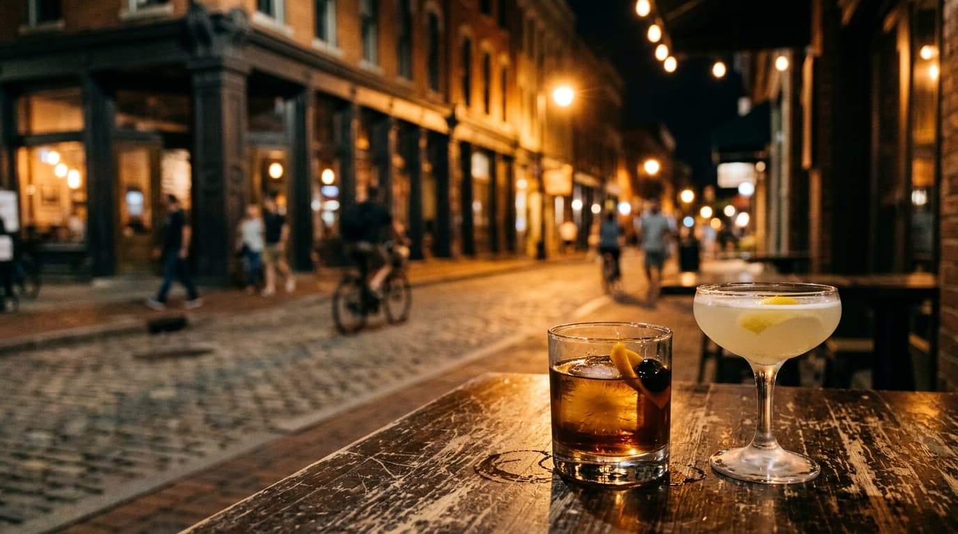 A low-angle hero shot captures two cocktails on a worn wooden table at Mercury. Beyond, tilt-shift focus blurs the Old Mar...