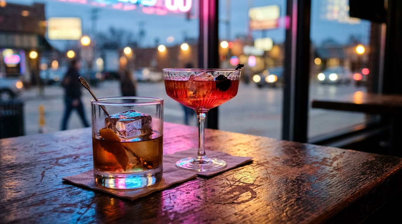 An 85mm close-up of two half-finished craft cocktails on a scratched Benson bar table, neon light reflecting in the ice, c...