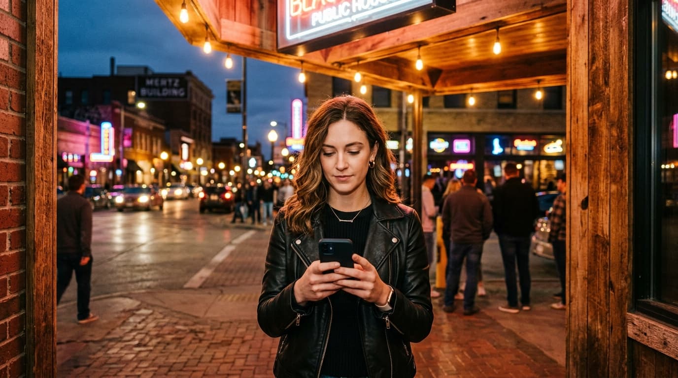 24mm wide-angle shot of a glowing Blackstone District street corner at dusk, showing a woman checking a LinkedIn profile o...
