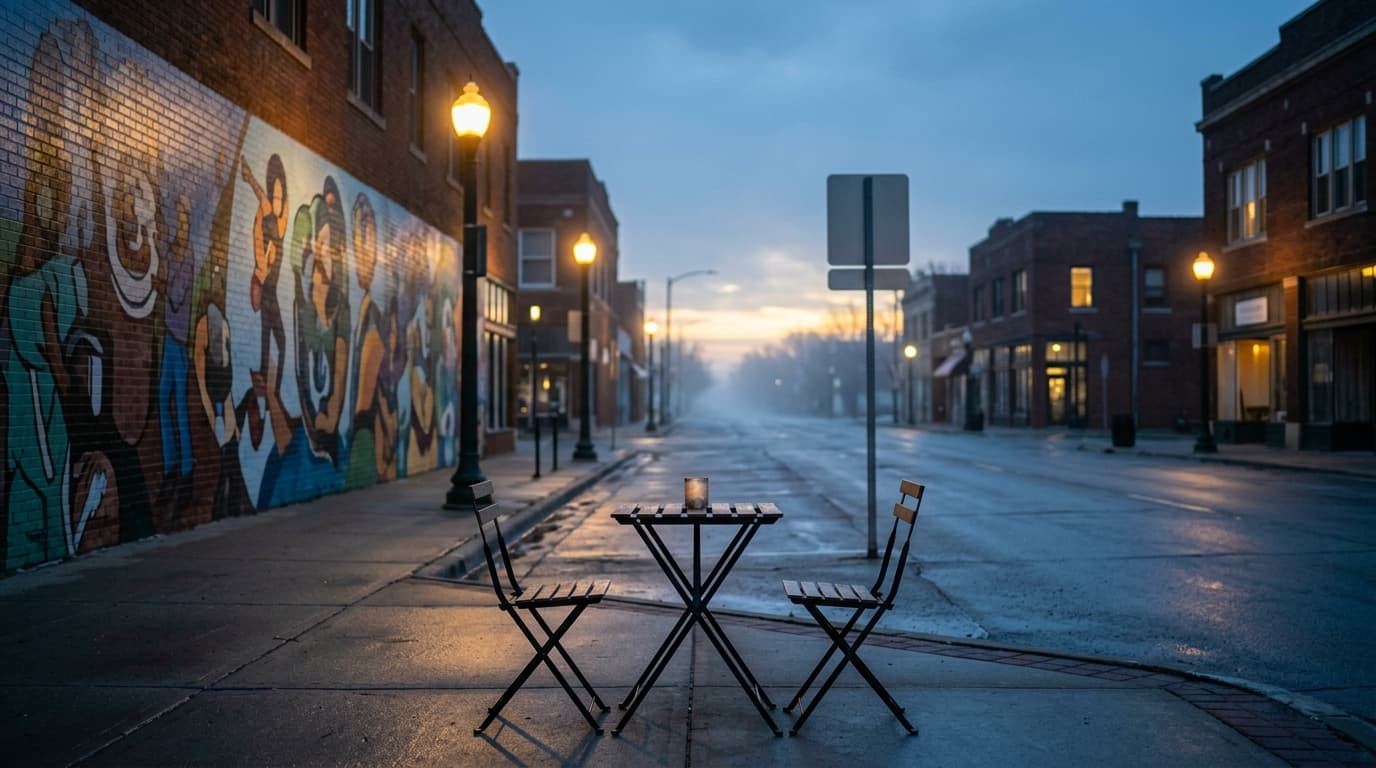 A wide, symmetric shot of a Benson street mural illuminated by warm tungsten streetlights. An empty bistro table sits cent...