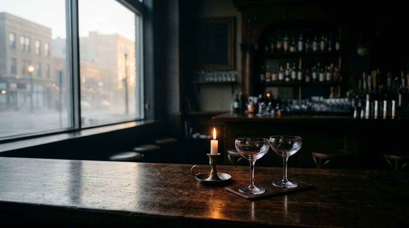 A medium shot shows two empty crystal cocktail glasses on a dark, polished wood bar top at The Cottonwood. A single flicke...