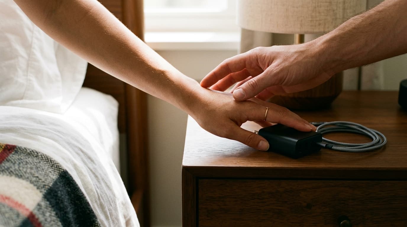 A guest’s hand rests gently on a bedside table, fingertips grazing a sleek multi-port charger, while a host’s hand briefly...
