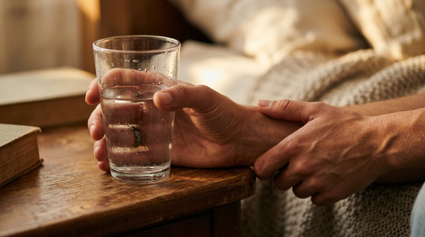An extreme close-up of two hands resting on a bedside surface, one holding a glass of condensation-covered water while the...