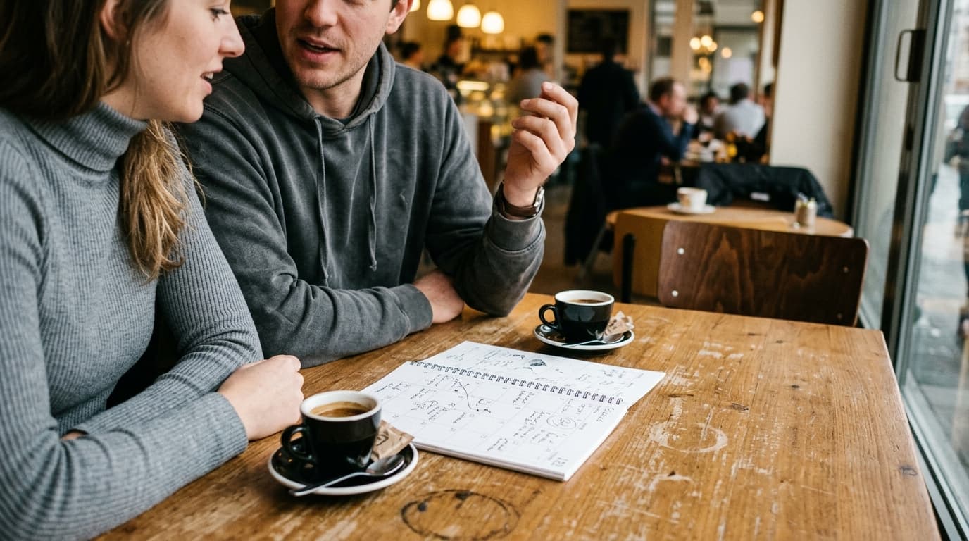 A man in a worn sweatshirt and a woman in a ribbed turtleneck sit offset left, mid-conversation; a shared calendar lies be...