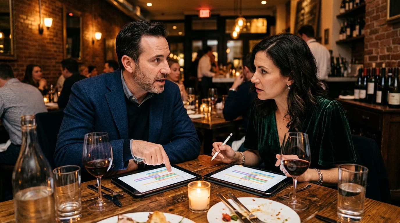 A man in a navy blazer and a woman in a velvet dress sit centered at a candlelit table, synchronizing two digital tablets...