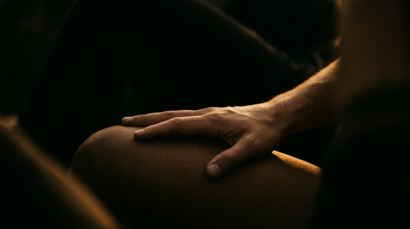 A person’s hand rests firmly against the shadowed, curved thigh of a partner. Golden hour light catches the contour of ski...