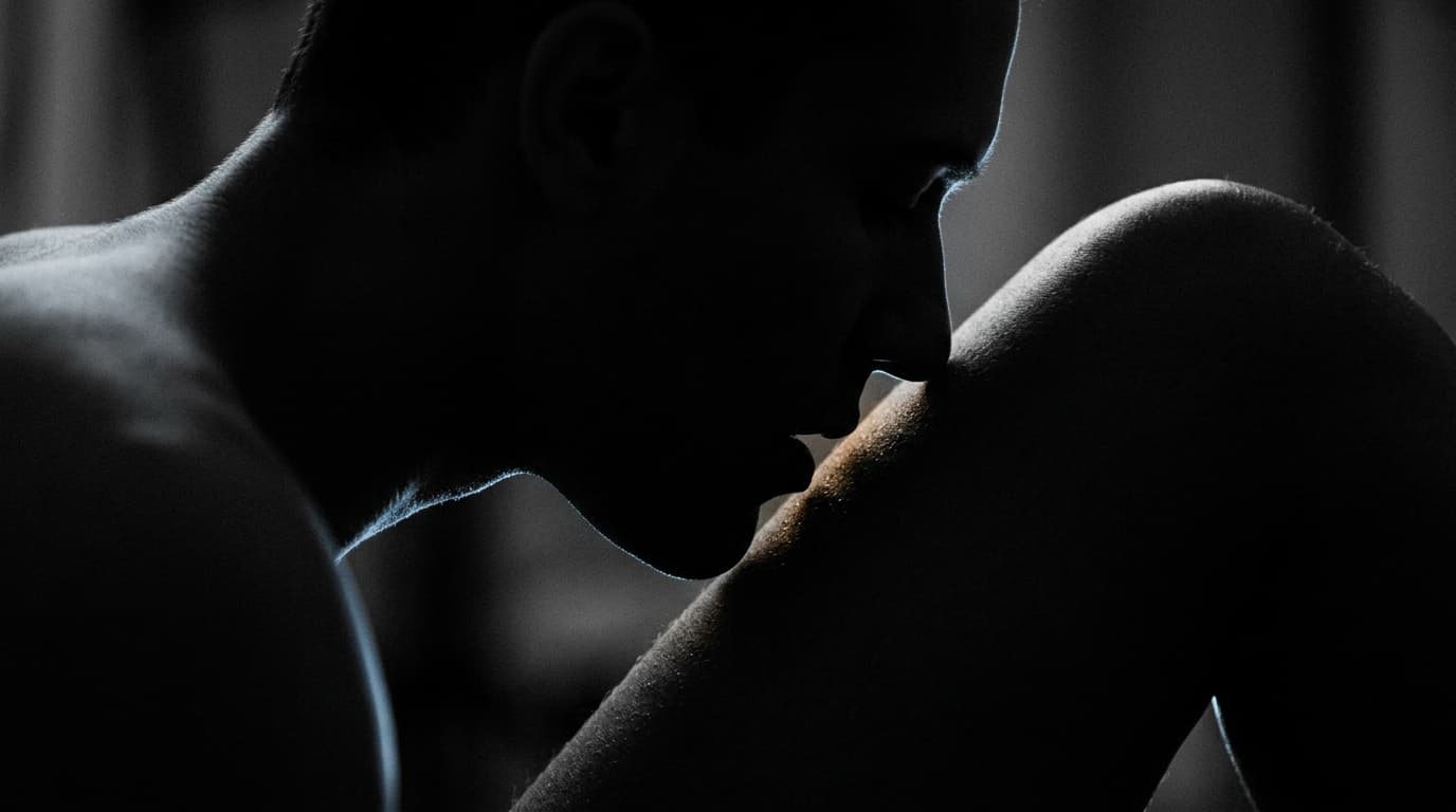 A 100mm macro shot captures a dark silhouette of a person’s face, close to a partner’s inner thigh, illuminated by a singl...