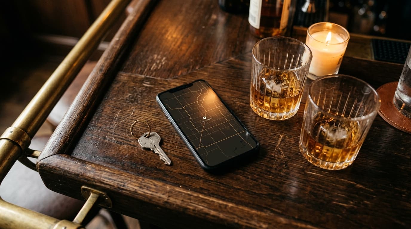 Overhead flat-lay of a dark oak bar top in Overland Park. A smartphone showing a map of the 913 area sits beside two half-...