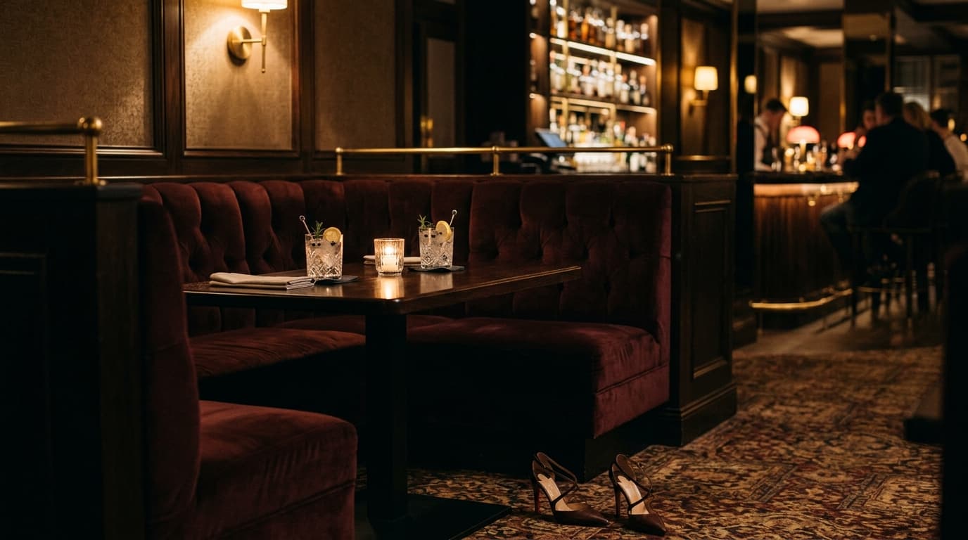 A wide shot of a plush, velvet booth at a dimly lit hotel bar. A pair of designer leather heels rests on the carpet, two u...