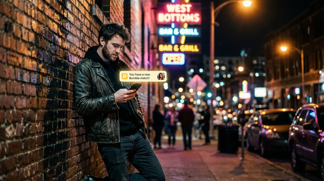 An 85mm portrait captures a man in a leather jacket leaning against a brick wall in the West Bottoms, night city lights bl...