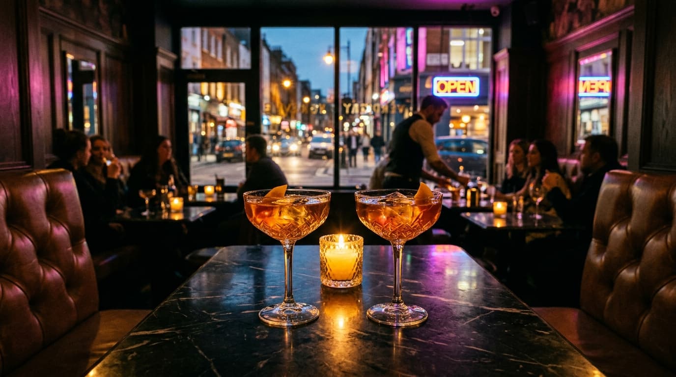A medium shot centered symmetrically inside Verdigris, showing two crystal coupes of glowing amber cocktails on a dark mar...