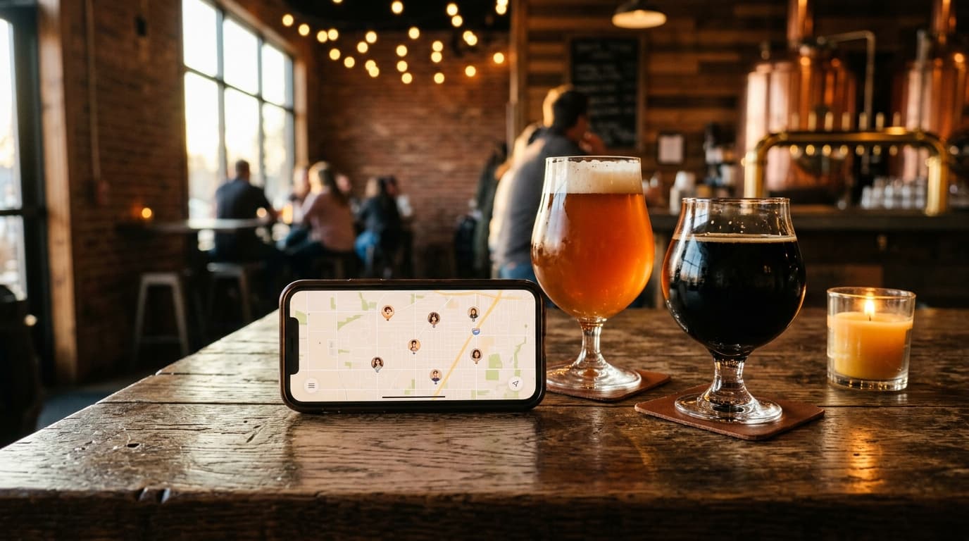 A wide-angle, centered shot of a rustic Overland Park brewery table. A smartphone showing a Feeld map interface sits besid...