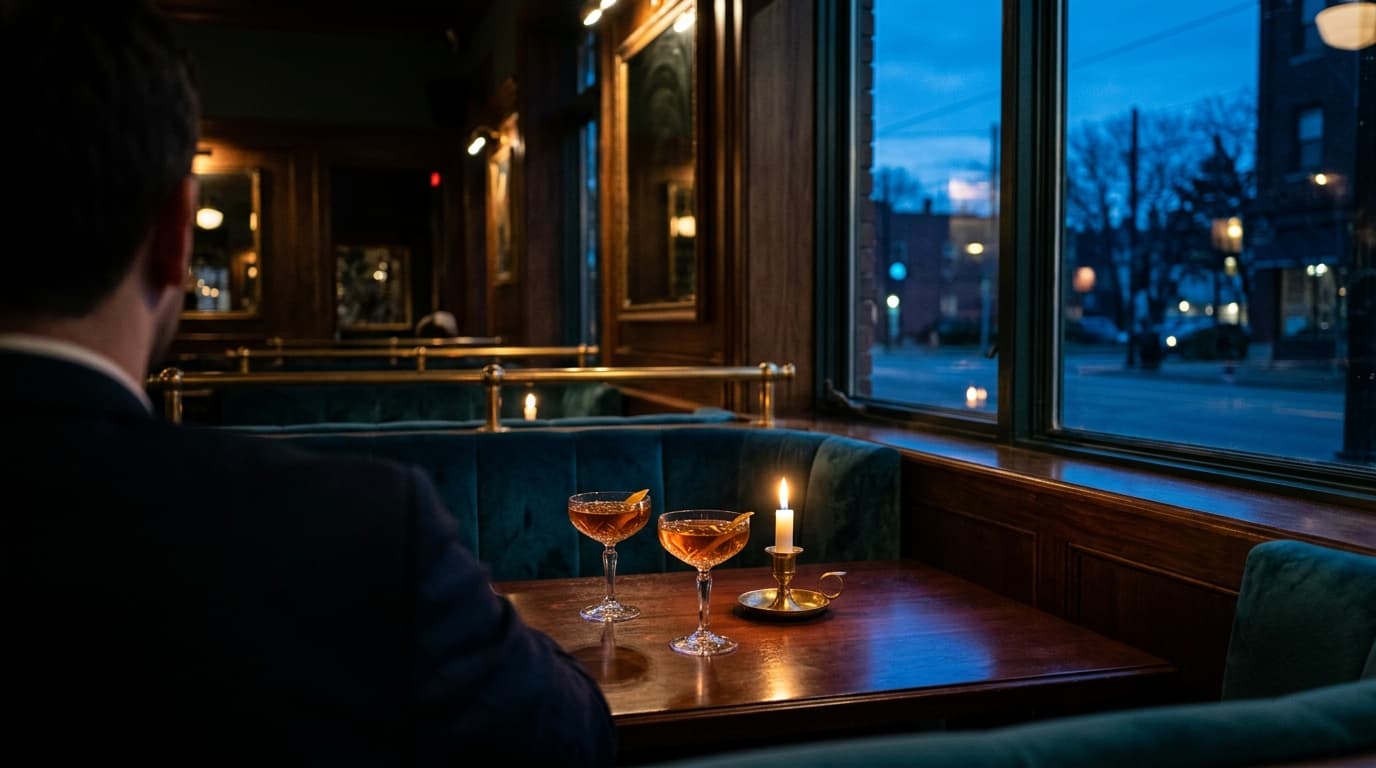 An over-the-shoulder view from a velvet booth at Verdigris. Two crystal coupe glasses sit on a polished dark wood table, d...