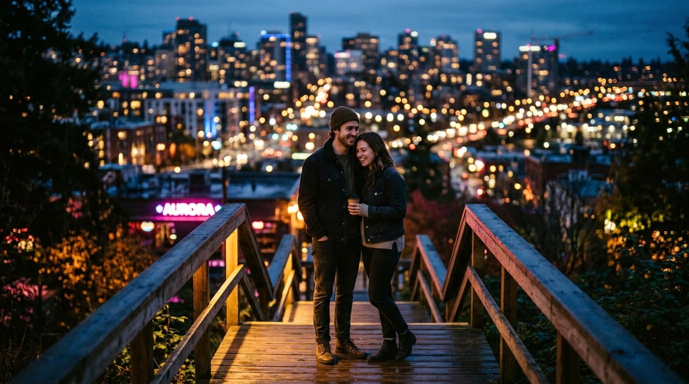 Low-angle hero shot of a couple standing on an Arboretum footbridge at twilight. Blurred city lights glow in the distance;...