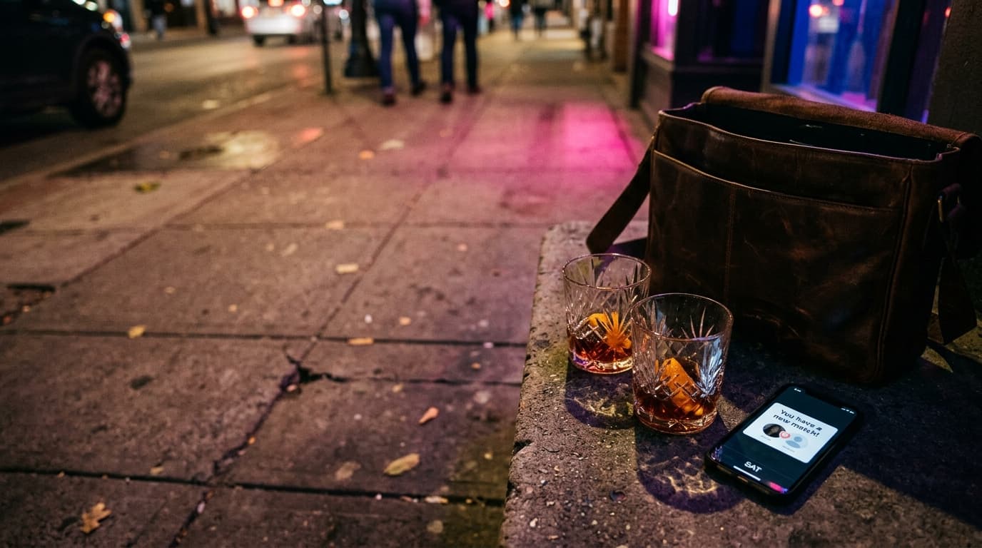 Overhead flat-lay shot on a rustic downtown sidewalk. A leather bag sits beside two half-empty crystal cocktail glasses an...
