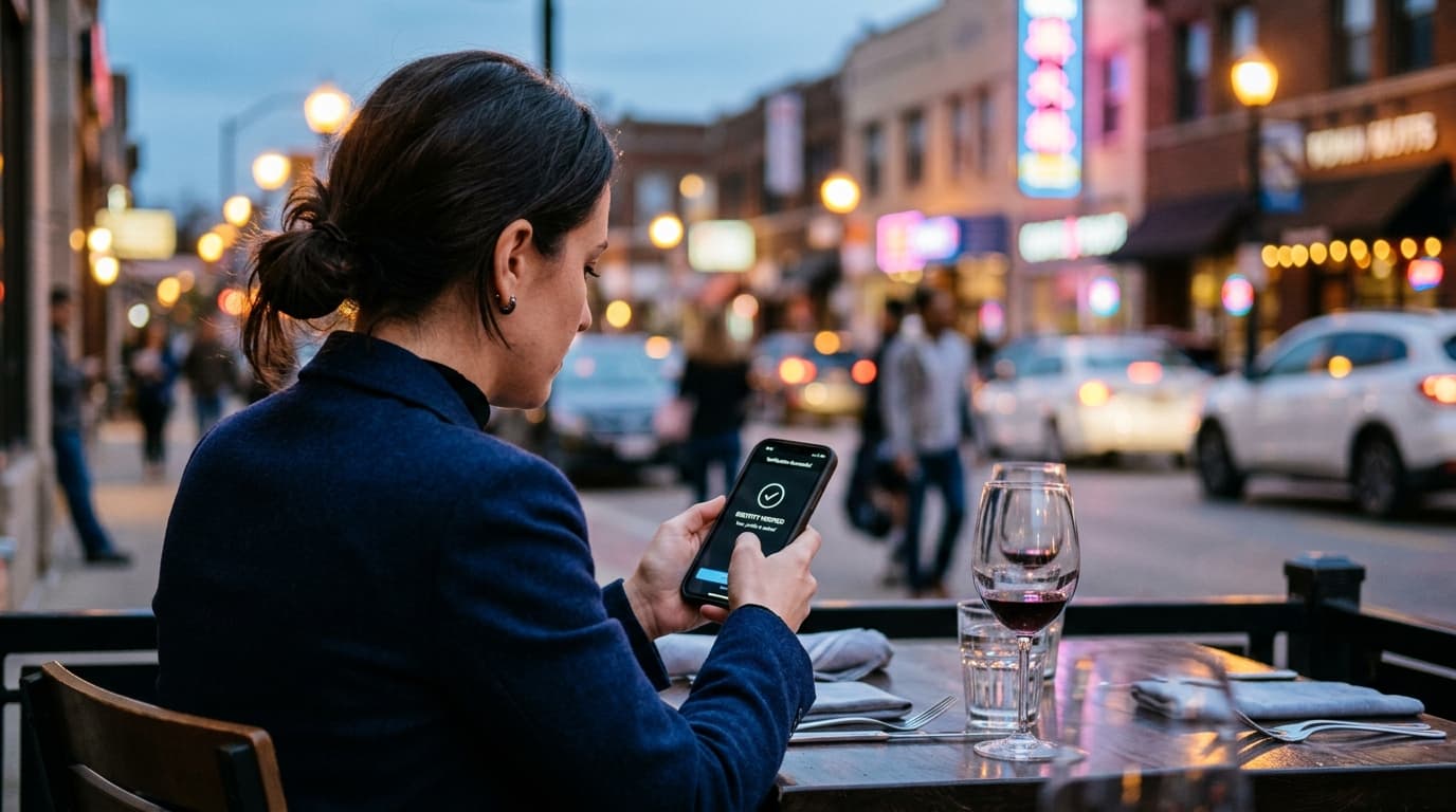 A woman in a tailored black blazer sits at a brightly lit bistro table, holding a smartphone showing a verification screen...