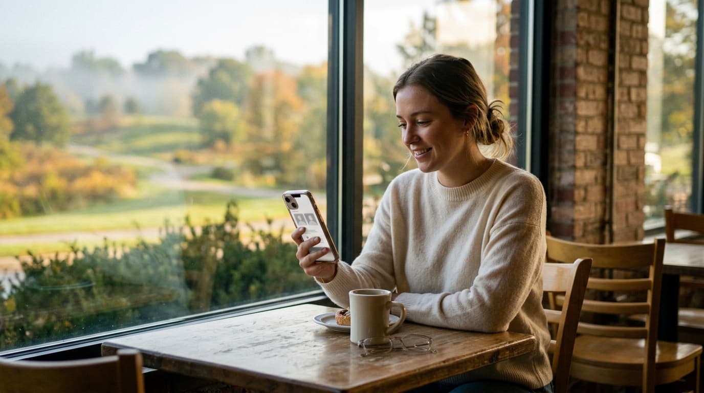 A woman in a cream cashmere sweater sits at a sunny Overland Park cafe table, holding an iPhone showcasing a Tinder profil...
