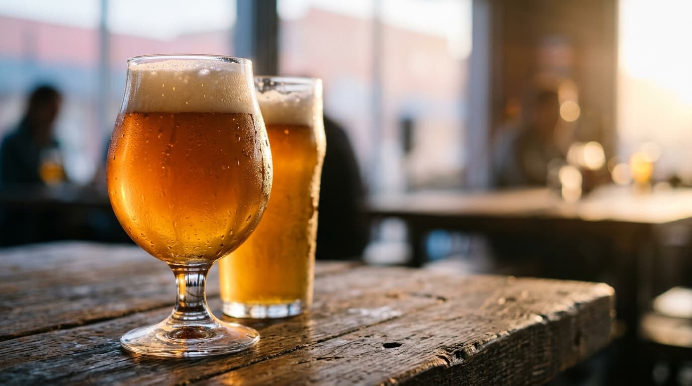 An extreme macro 85mm shot, offset left, capturing two craft beer glasses sweating with condensation on a rustic wooden ta...