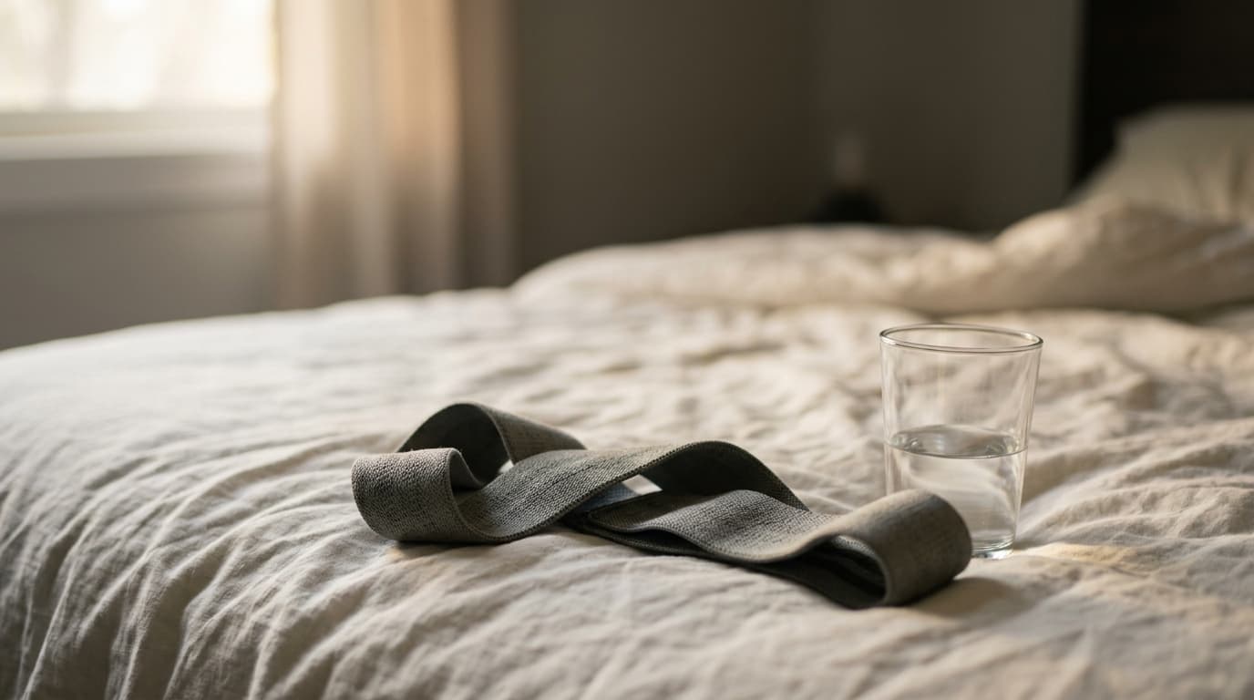 A lone, discarded athletic resistance band lies coiled near a half-empty glass of water on a rumpled duvet. Soft morning l...