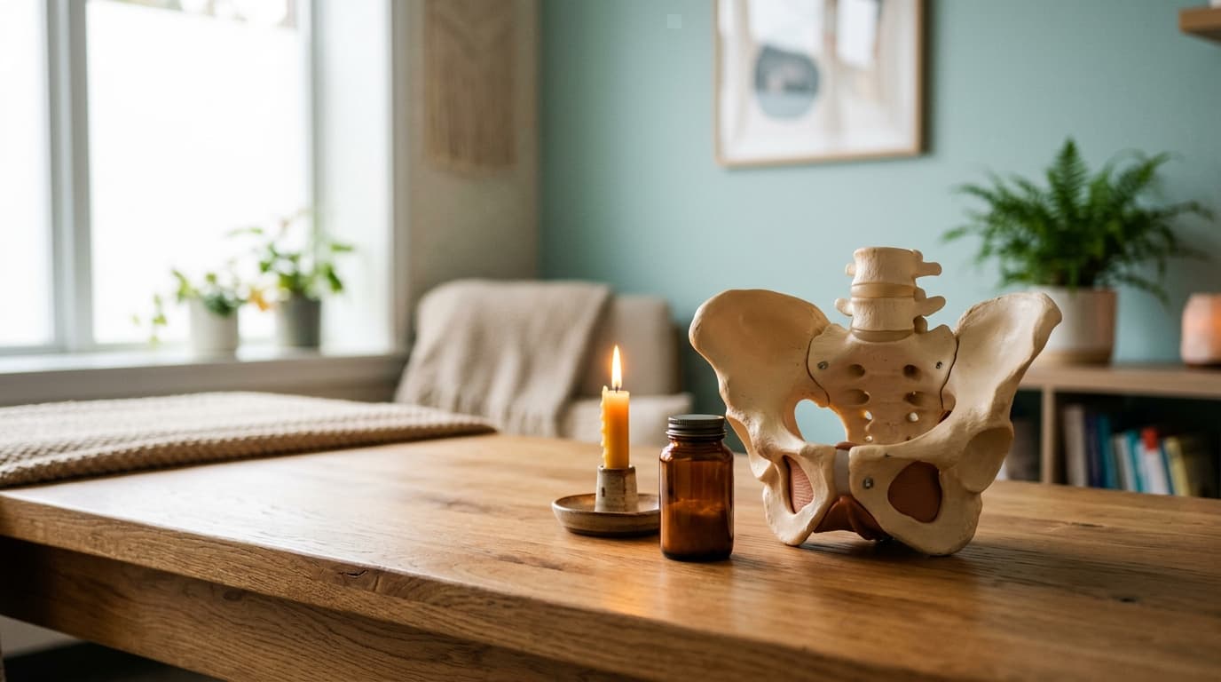 A medium shot of an anatomical pelvic model resting on a warm oak examination table. Beside it, a single amber prescriptio...
