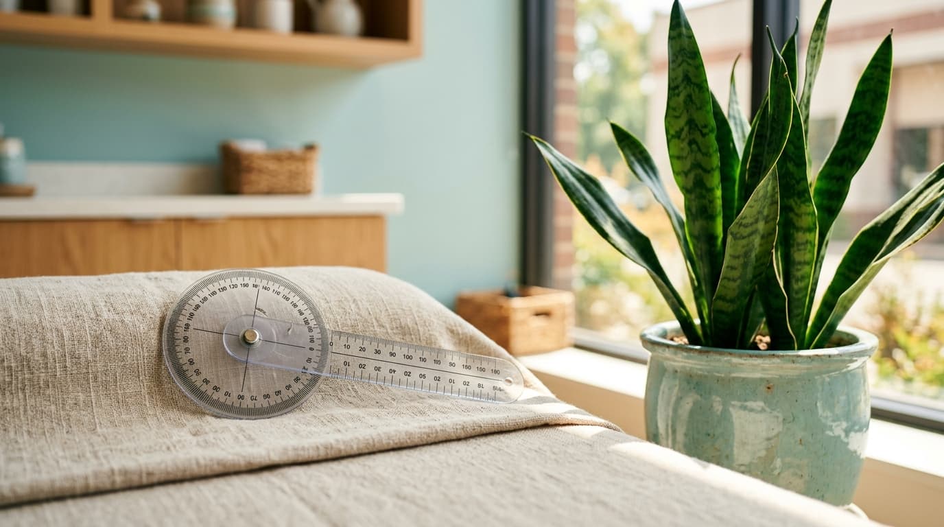 A close-up, shallow depth of field shot shows a clinical, translucent physical therapy goniometer resting on a beige linen...