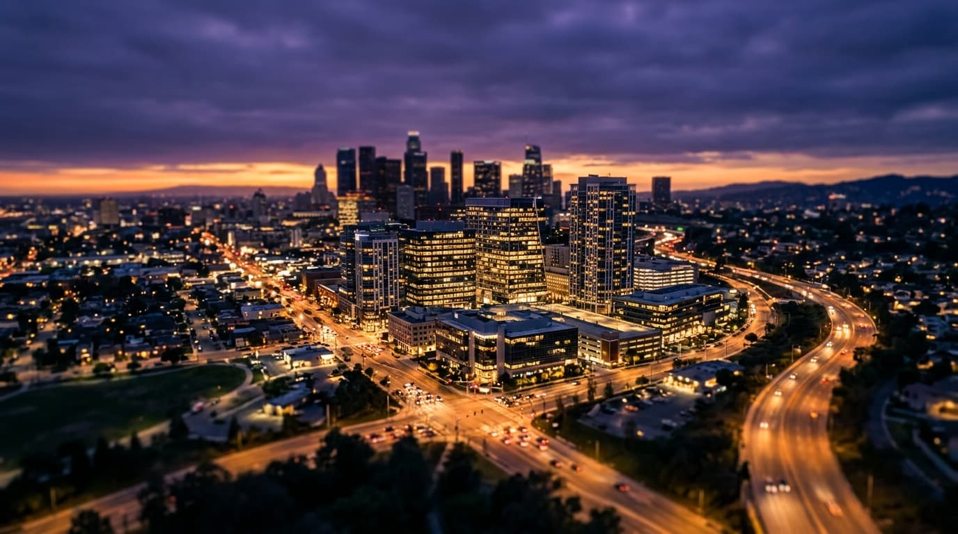 A wide, tilt-shift establishing shot of the illuminated Pines City Center at night. Selective focus highlights warm tungst...