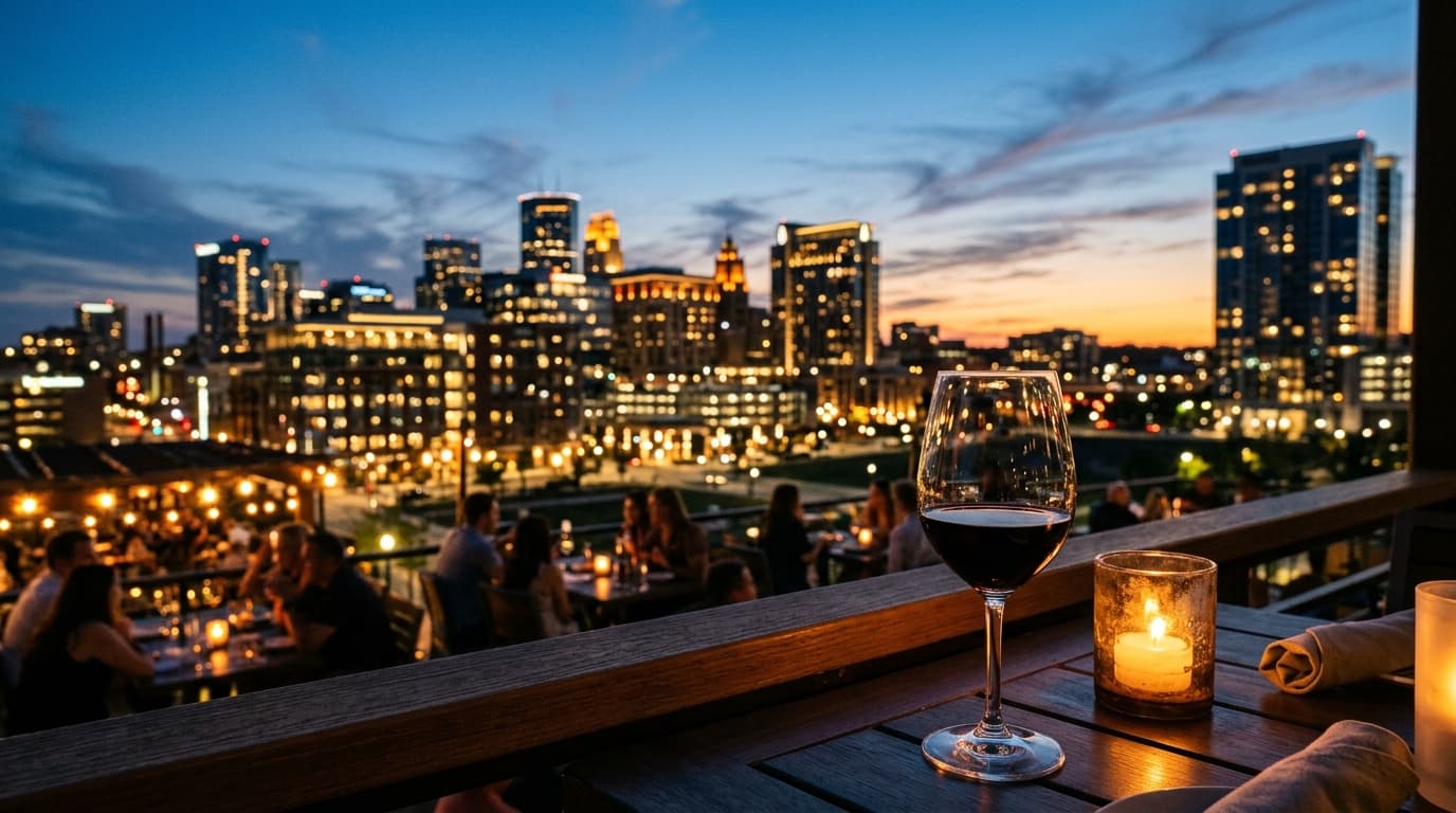 A warm, candle-lit view of the Cooper’s Hawk Winery patio at dusk. A polished wine glass sits in the foreground, offset ri...