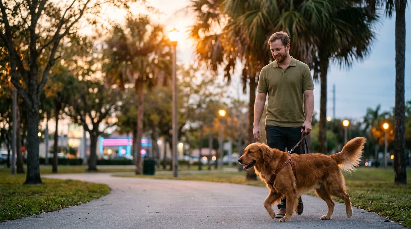 A 35mm documentary shot at golden hour. A man in a crisp polo shirt walks a golden retriever through a palm-lined C.B. Smi...