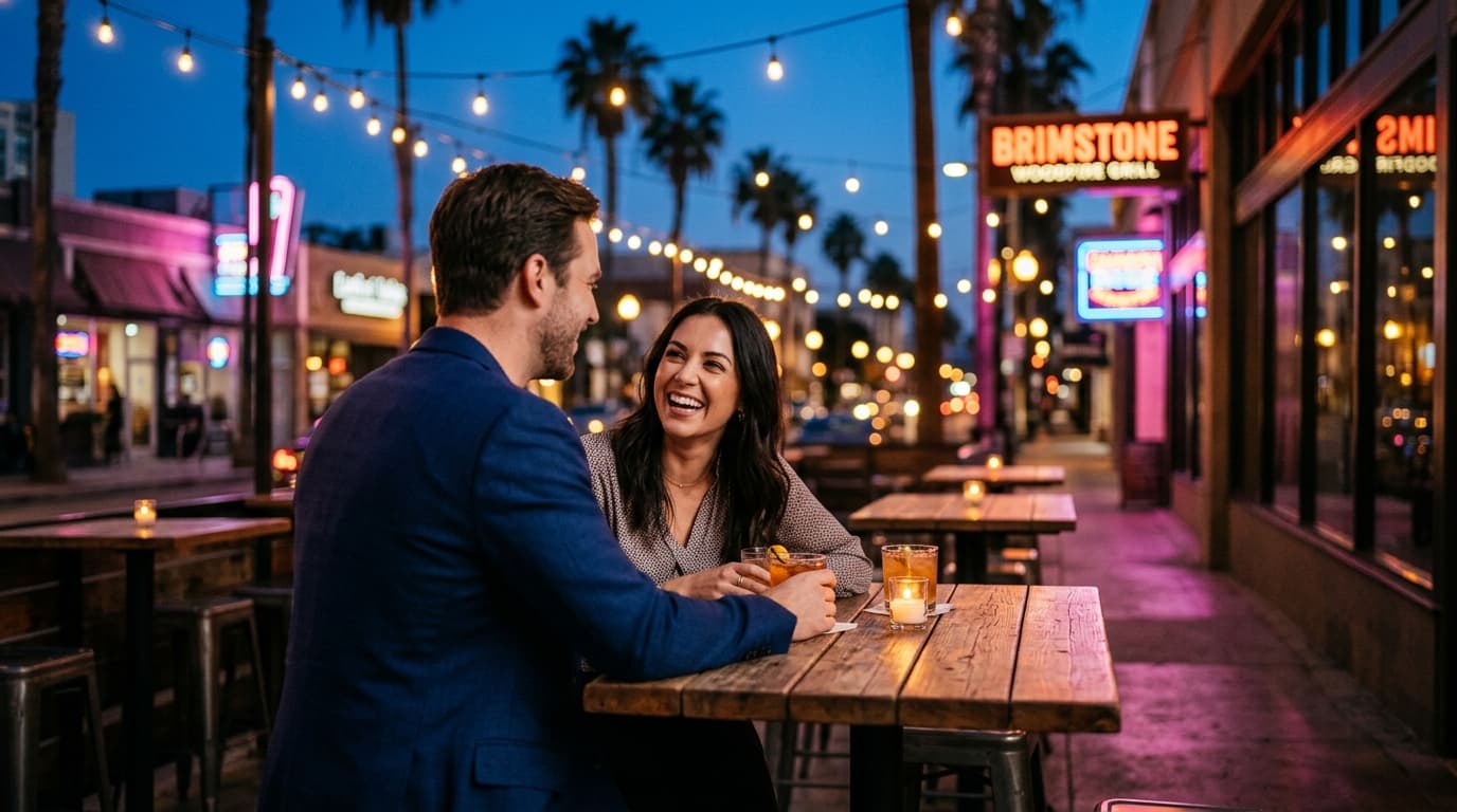 An 85mm portrait captures a couple at a high-top table at Brimstone Woodfire Grill, the man in a navy blazer, glowing stri...
