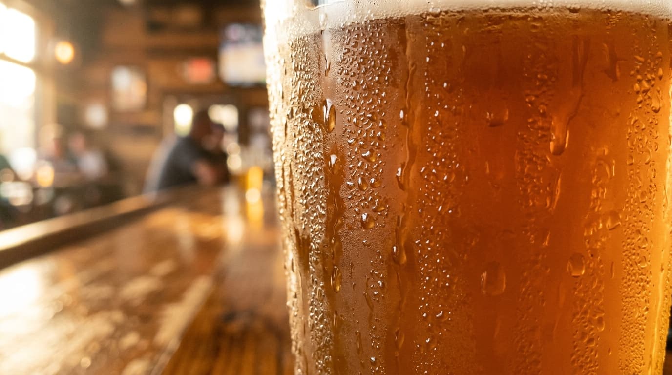Extreme 100mm macro shot of condensation beads trailing down a cold, amber-filled craft beer glass, backlit by the warm, h...