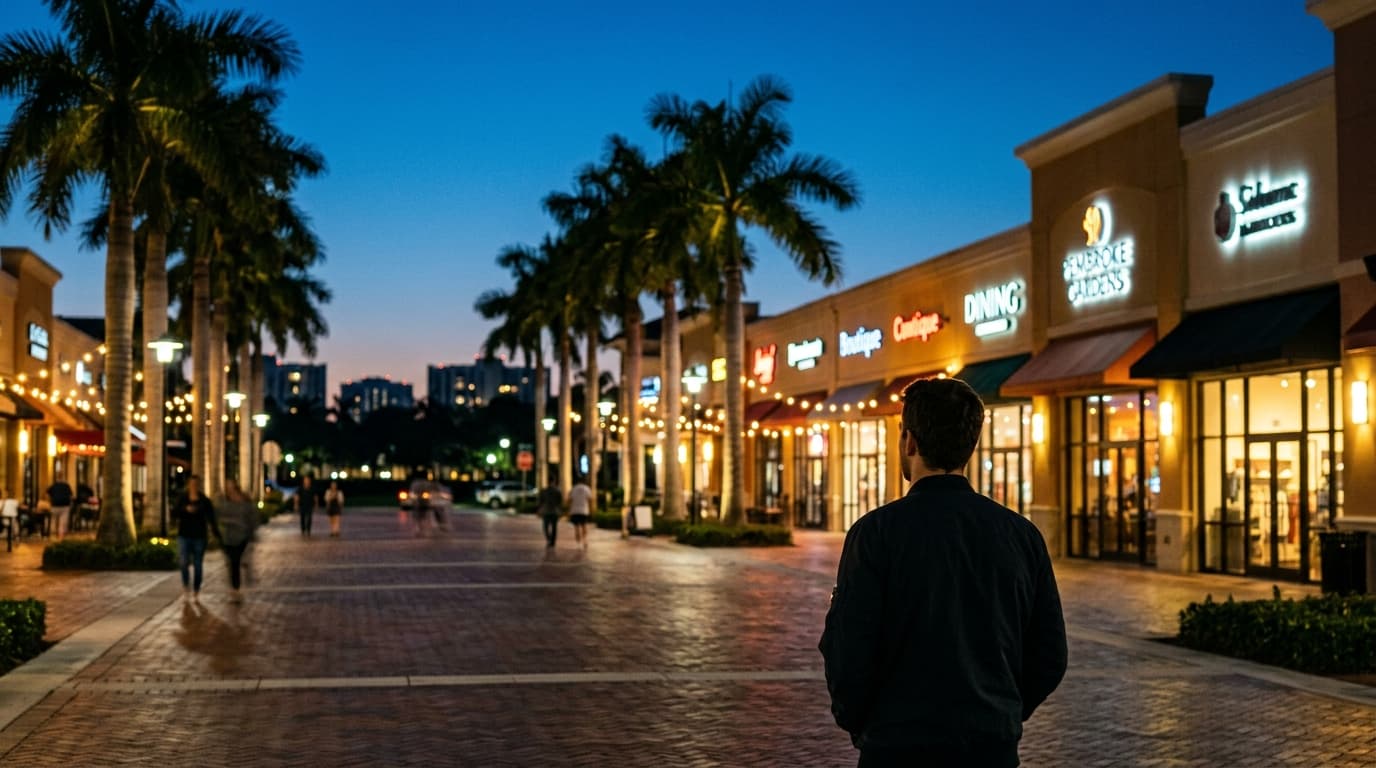 A 35mm documentary shot at blue hour captures the illuminated, neon-lit storefronts of the Shops at Pembroke Gardens, fram...