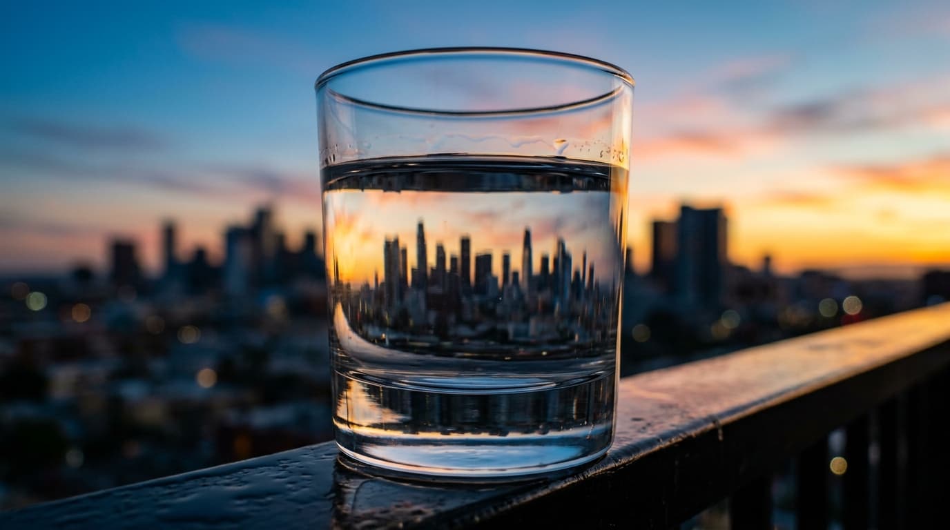A sun-drenched, extreme close-up of a high-end, polished mezcal glass on a reflective balcony railing, capturing the crisp...