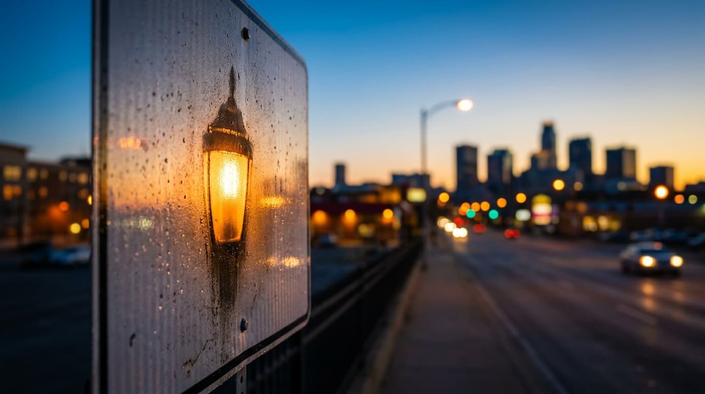 Extreme macro tilt-shift focus captures a single, glowing streetlamp reflection on a wet Westfork Plaza sign at golden hou...