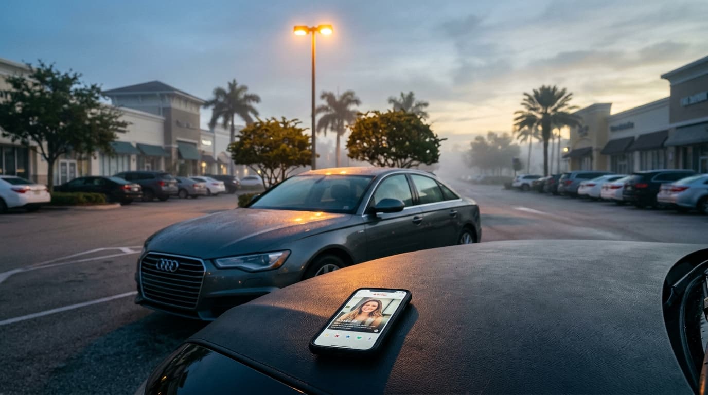 A high-angle, wide-lens shot of a luxury sedan parked at The Shops at Pembroke Gardens, illuminated by amber streetlights,...