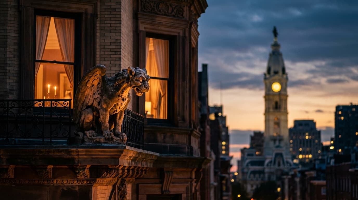 A medium shot of an ornate, glowing stone gargoyle on a historic Rittenhouse Square brownstone at dusk. The blurred Philad...
