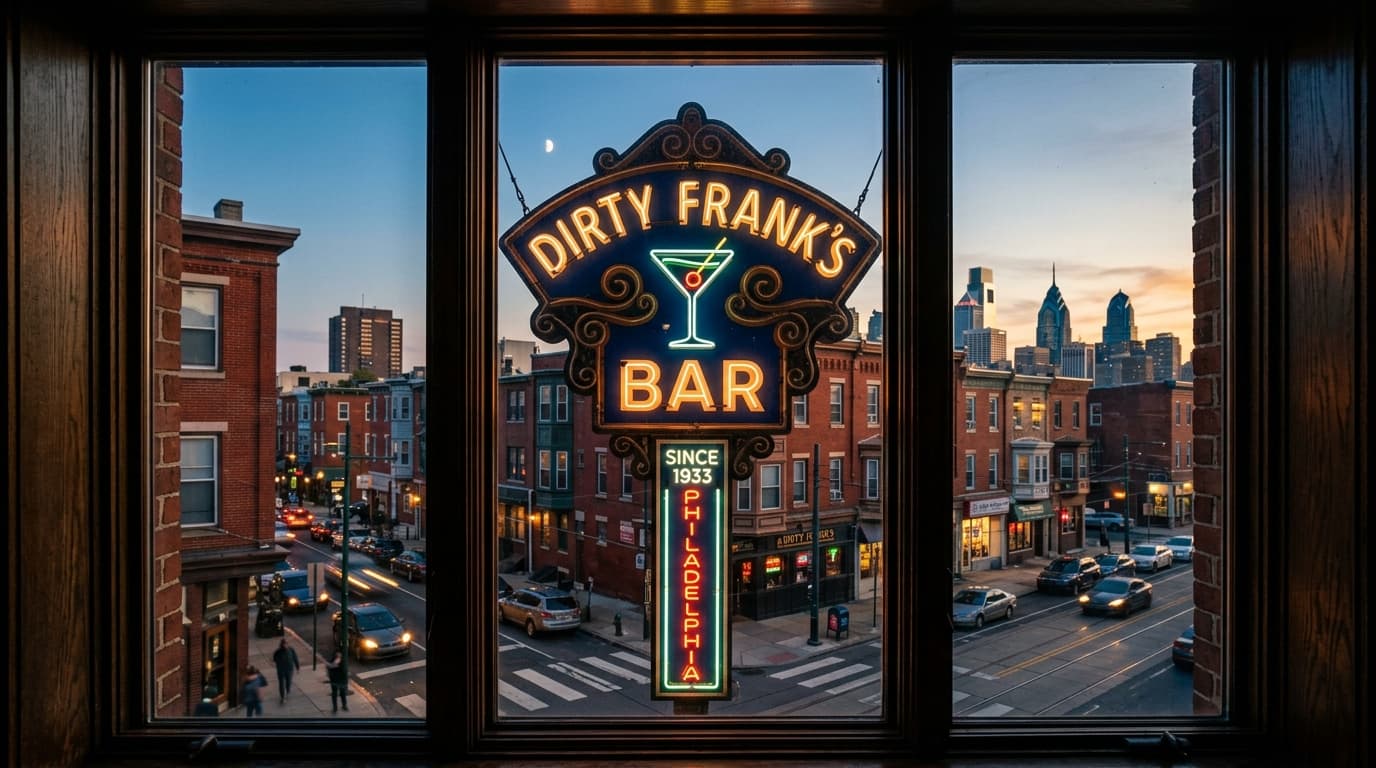 A symmetrical, centered close-up through a clear window frame showing the iconic, illuminated neon sign of a classic Phila...
