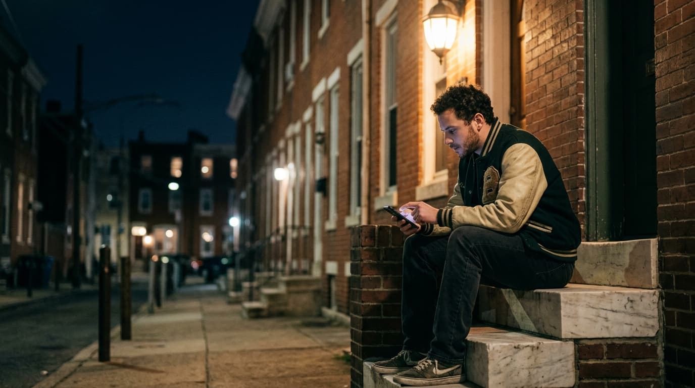 Low-angle 35mm shot at midnight. A man in a vintage varsity jacket sits on a South Philly marble stoop, swiping on his pho...